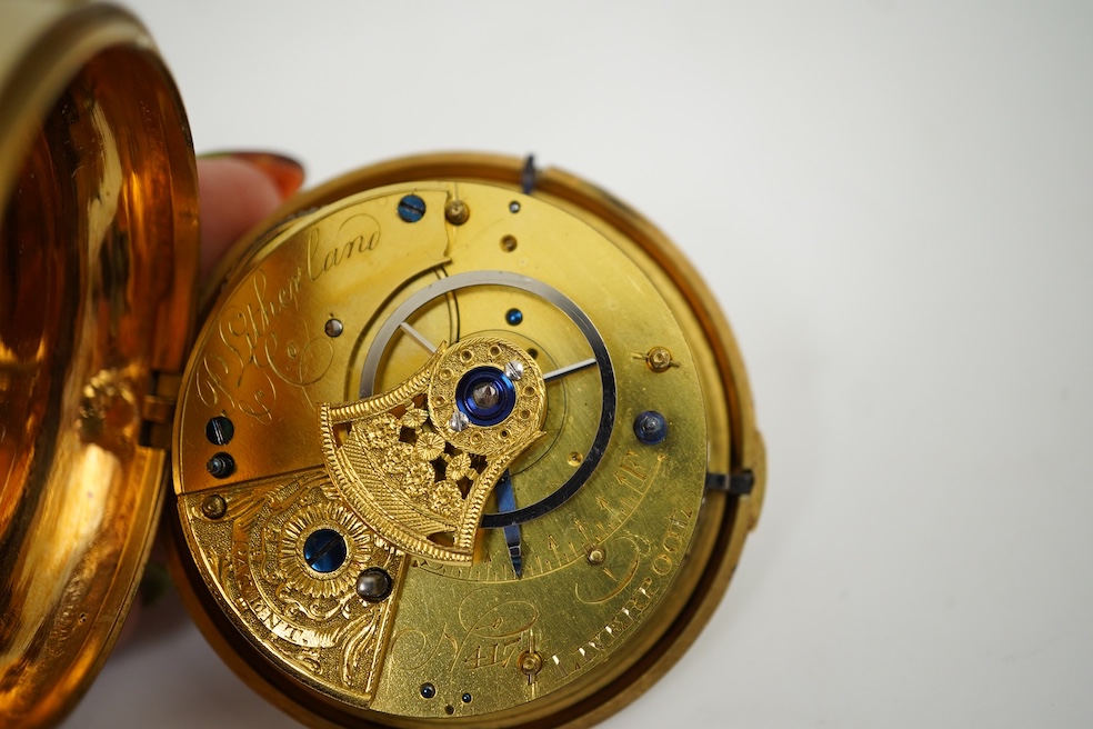 A George III silver gilt pair cased rack lever keywind pocket watch by P. Litherland & Co, Liverpool, with Roman dial and subsidiary seconds (hand missing)